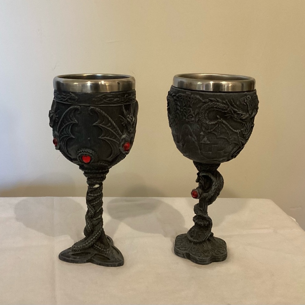 Gothic Dragon Chalice Set of 2 with Red Accents